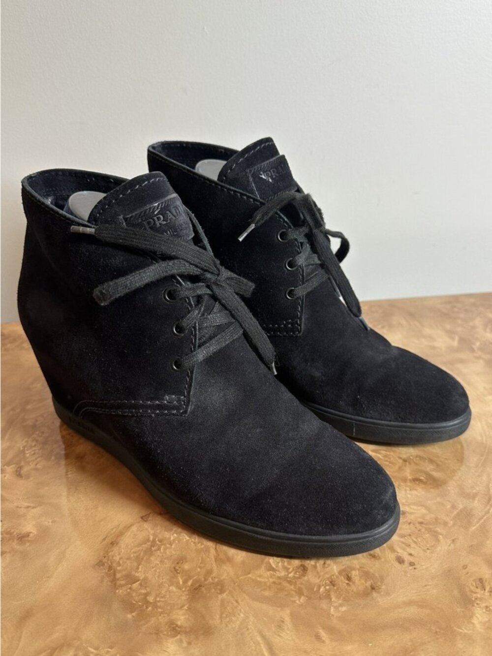 Prada Black Suede Chukka Ankle Boots Women's Size 40 Lace-Up Wedge Heel